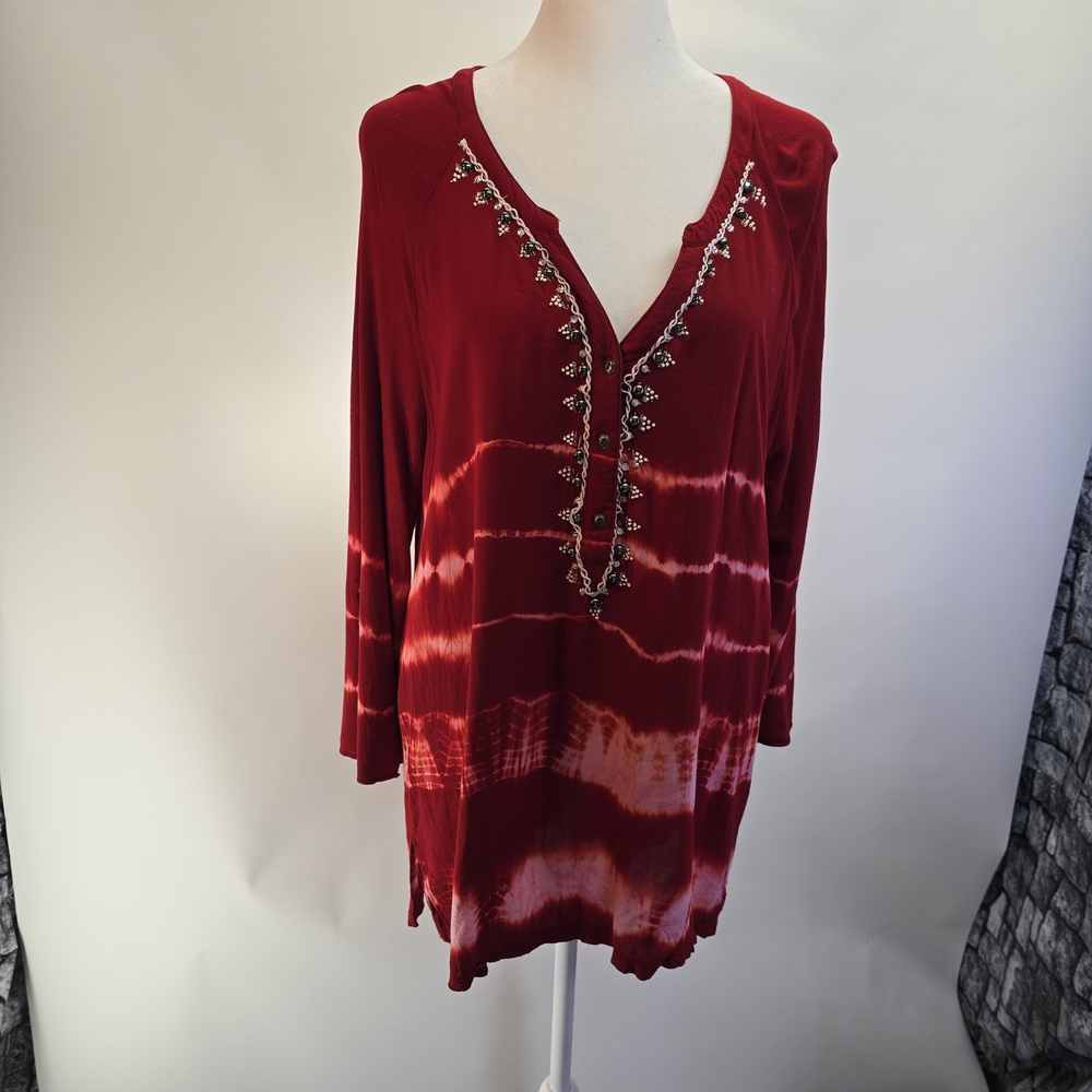 Bandolino Red Tie-Dye Embellished Tunic